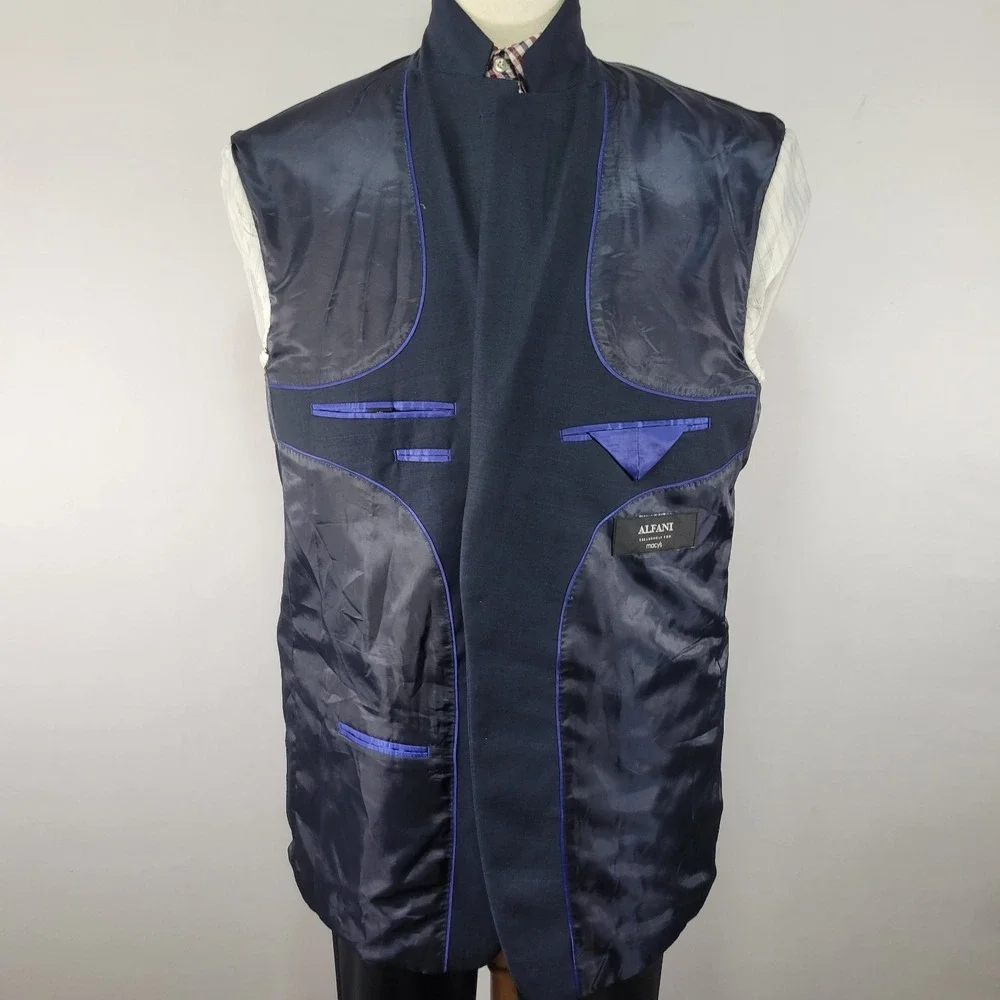 Alfani‎ Men's Sport Coat Blazer Two Button Navy Blue Wool Polyester Size 46L
